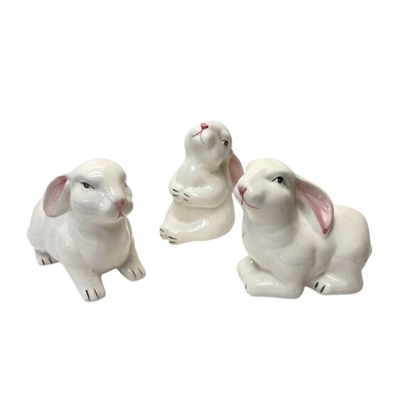 Set of 3 Ceramic Bunny Figurines Hand Painted Glazed White Rabbits Easter Decor - Picture 1 of 6